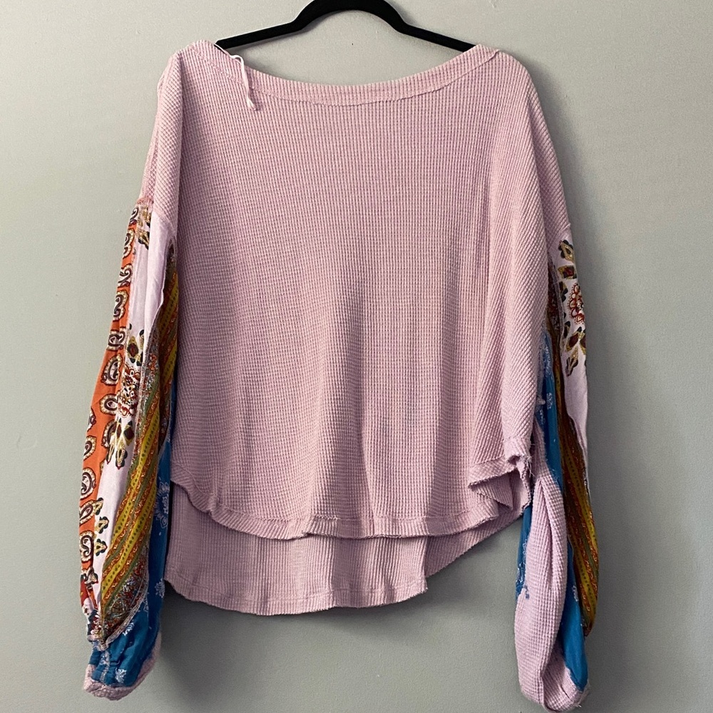 Free People Lavender Top with Colorful Sleeves